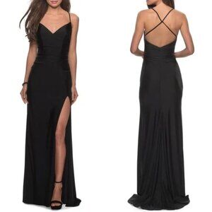 NEW La Femme 28206 Classic Strappy Back V Neckline Side Leg Slit Gown in Black 0